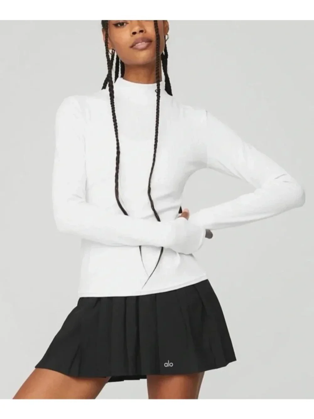 Alo Yoga Wellness White Mock Neck Ribbed Knit Long Sleeve Top Basics Layering S